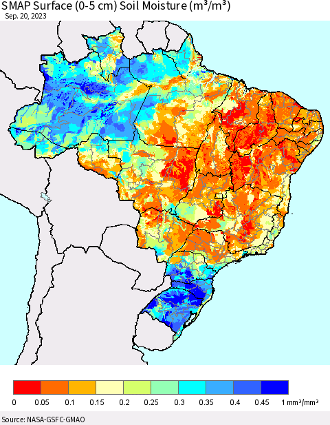 Brazil SMAP Surface (0-5 cm) Soil Moisture (m³/m³) Thematic Map For 9/16/2023 - 9/20/2023