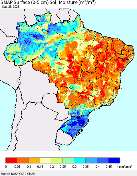 Brazil SMAP Surface (0-5 cm) Soil Moisture (m³/m³) Thematic Map For 9/21/2023 - 9/25/2023