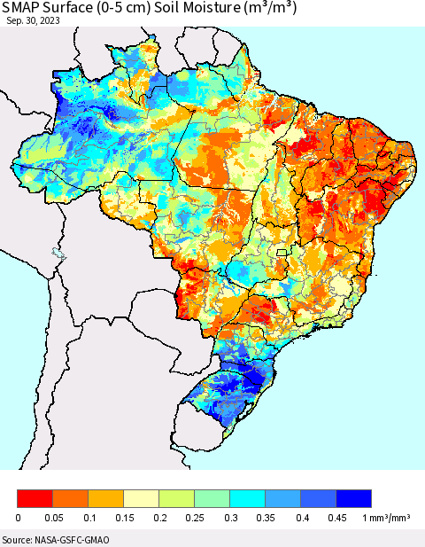 Brazil SMAP Surface (0-5 cm) Soil Moisture (m³/m³) Thematic Map For 9/26/2023 - 9/30/2023