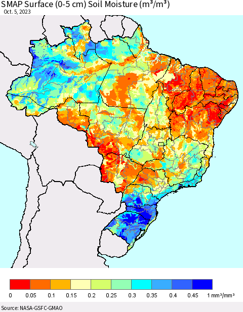 Brazil SMAP Surface (0-5 cm) Soil Moisture (m³/m³) Thematic Map For 10/1/2023 - 10/5/2023