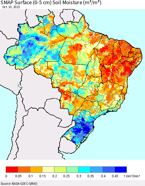 Brazil SMAP Surface (0-5 cm) Soil Moisture (m³/m³) Thematic Map For 10/6/2023 - 10/10/2023