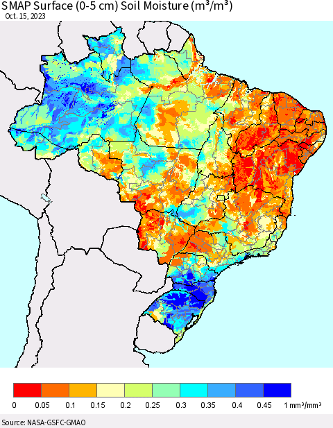 Brazil SMAP Surface (0-5 cm) Soil Moisture (m³/m³) Thematic Map For 10/11/2023 - 10/15/2023