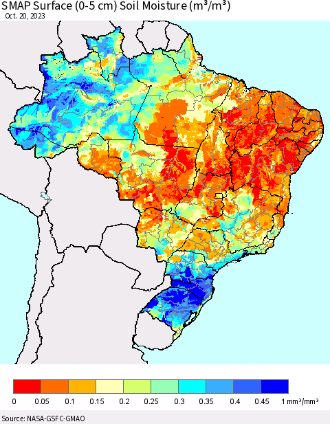Brazil SMAP Surface (0-5 cm) Soil Moisture (m³/m³) Thematic Map For 10/16/2023 - 10/20/2023