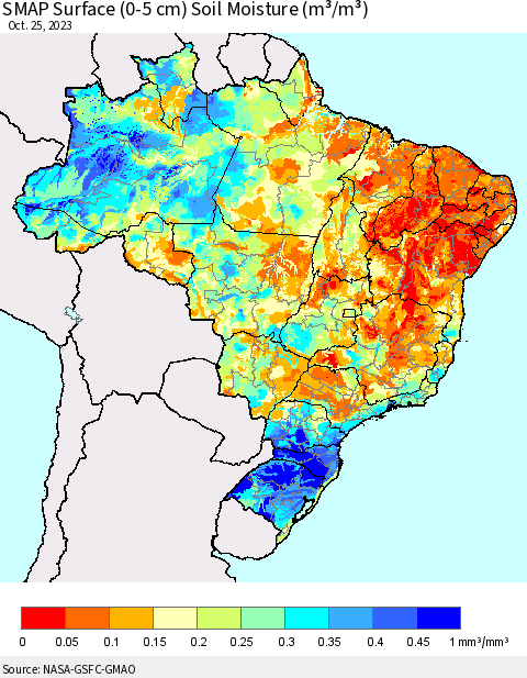 Brazil SMAP Surface (0-5 cm) Soil Moisture (m³/m³) Thematic Map For 10/21/2023 - 10/25/2023