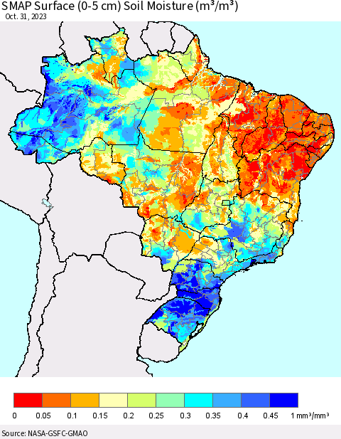 Brazil SMAP Surface (0-5 cm) Soil Moisture (m³/m³) Thematic Map For 10/26/2023 - 10/31/2023