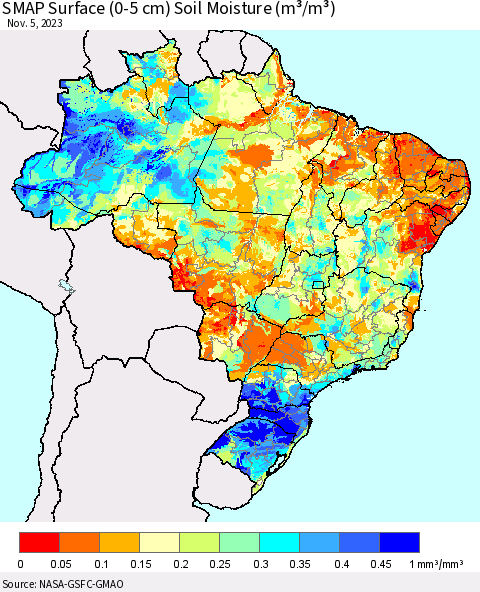 Brazil SMAP Surface (0-5 cm) Soil Moisture (m³/m³) Thematic Map For 11/1/2023 - 11/5/2023