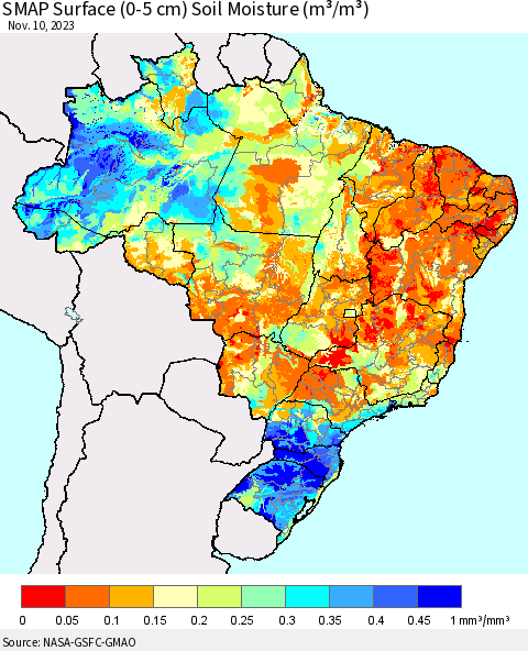 Brazil SMAP Surface (0-5 cm) Soil Moisture (m³/m³) Thematic Map For 11/6/2023 - 11/10/2023