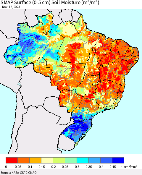 Brazil SMAP Surface (0-5 cm) Soil Moisture (m³/m³) Thematic Map For 11/11/2023 - 11/15/2023