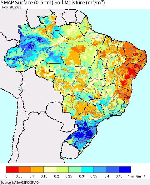 Brazil SMAP Surface (0-5 cm) Soil Moisture (m³/m³) Thematic Map For 11/16/2023 - 11/20/2023