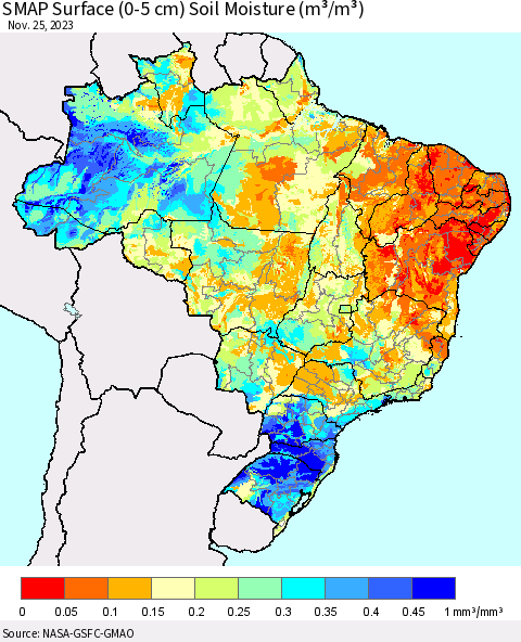 Brazil SMAP Surface (0-5 cm) Soil Moisture (m³/m³) Thematic Map For 11/21/2023 - 11/25/2023