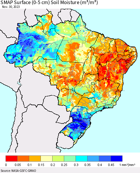 Brazil SMAP Surface (0-5 cm) Soil Moisture (m³/m³) Thematic Map For 11/26/2023 - 11/30/2023