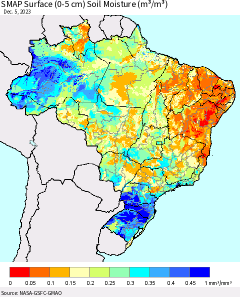 Brazil SMAP Surface (0-5 cm) Soil Moisture (m³/m³) Thematic Map For 12/1/2023 - 12/5/2023