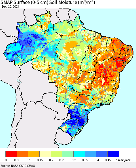Brazil SMAP Surface (0-5 cm) Soil Moisture (m³/m³) Thematic Map For 12/6/2023 - 12/10/2023