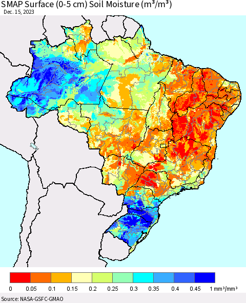 Brazil SMAP Surface (0-5 cm) Soil Moisture (m³/m³) Thematic Map For 12/11/2023 - 12/15/2023