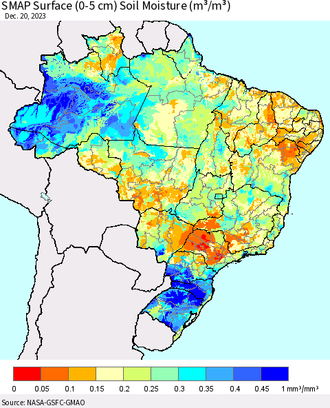 Brazil SMAP Surface (0-5 cm) Soil Moisture (m³/m³) Thematic Map For 12/16/2023 - 12/20/2023