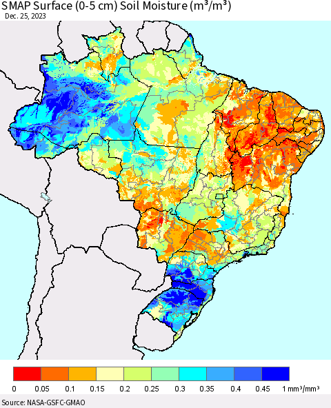 Brazil SMAP Surface (0-5 cm) Soil Moisture (m³/m³) Thematic Map For 12/21/2023 - 12/25/2023