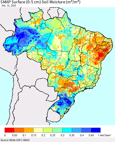 Brazil SMAP Surface (0-5 cm) Soil Moisture (m³/m³) Thematic Map For 12/26/2023 - 12/31/2023