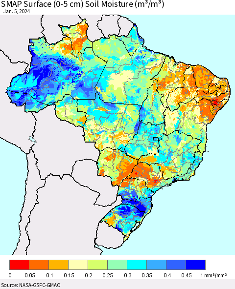 Brazil SMAP Surface (0-5 cm) Soil Moisture (m³/m³) Thematic Map For 1/1/2024 - 1/5/2024