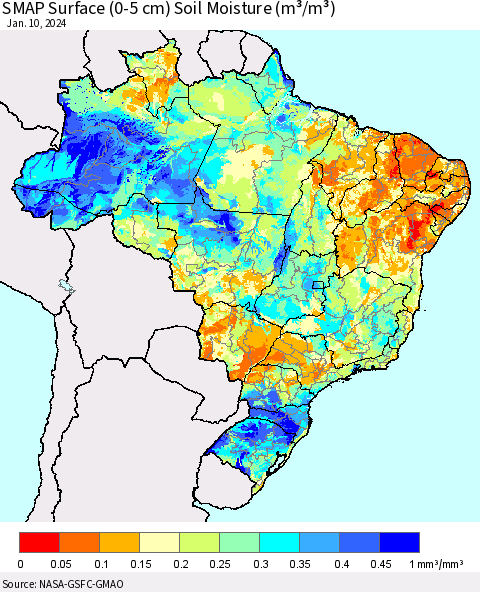 Brazil SMAP Surface (0-5 cm) Soil Moisture (m³/m³) Thematic Map For 1/6/2024 - 1/10/2024