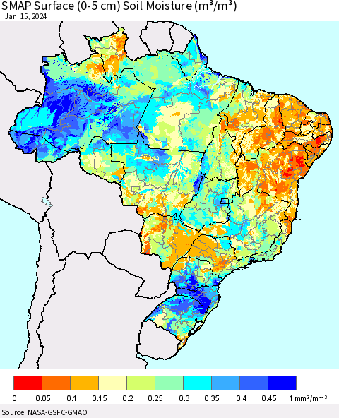 Brazil SMAP Surface (0-5 cm) Soil Moisture (m³/m³) Thematic Map For 1/11/2024 - 1/15/2024