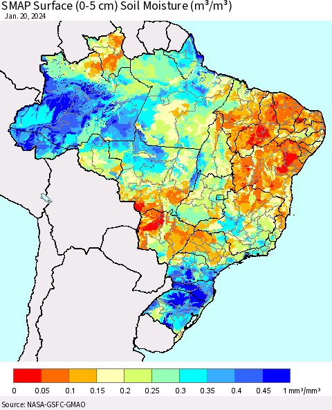Brazil SMAP Surface (0-5 cm) Soil Moisture (m³/m³) Thematic Map For 1/16/2024 - 1/20/2024
