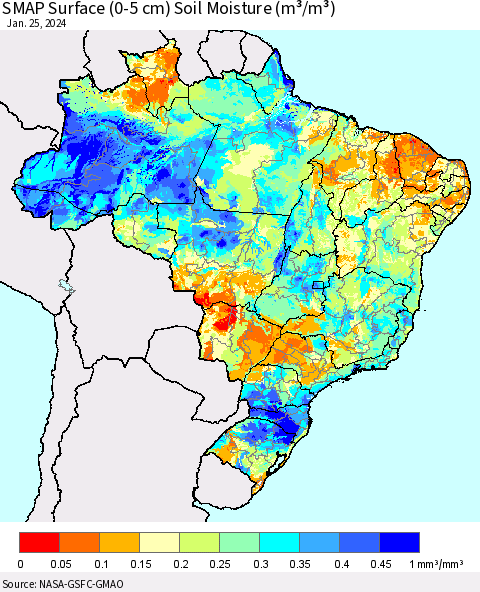 Brazil SMAP Surface (0-5 cm) Soil Moisture (m³/m³) Thematic Map For 1/21/2024 - 1/25/2024