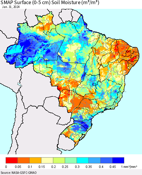 Brazil SMAP Surface (0-5 cm) Soil Moisture (m³/m³) Thematic Map For 1/26/2024 - 1/31/2024
