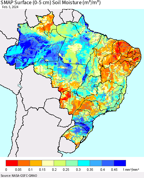 Brazil SMAP Surface (0-5 cm) Soil Moisture (m³/m³) Thematic Map For 2/1/2024 - 2/5/2024