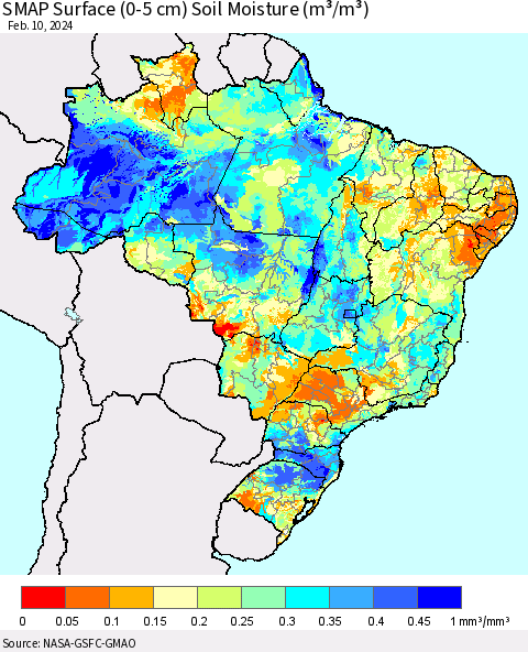 Brazil SMAP Surface (0-5 cm) Soil Moisture (m³/m³) Thematic Map For 2/6/2024 - 2/10/2024