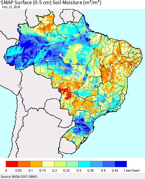 Brazil SMAP Surface (0-5 cm) Soil Moisture (m³/m³) Thematic Map For 2/11/2024 - 2/15/2024