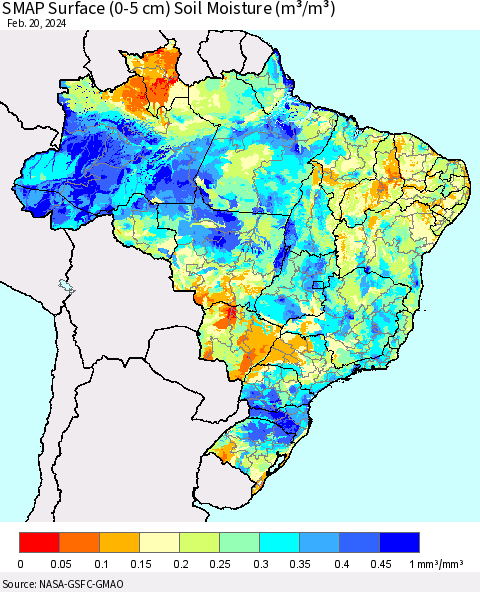 Brazil SMAP Surface (0-5 cm) Soil Moisture (m³/m³) Thematic Map For 2/16/2024 - 2/20/2024
