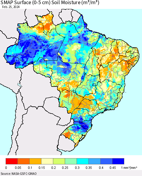 Brazil SMAP Surface (0-5 cm) Soil Moisture (m³/m³) Thematic Map For 2/21/2024 - 2/25/2024