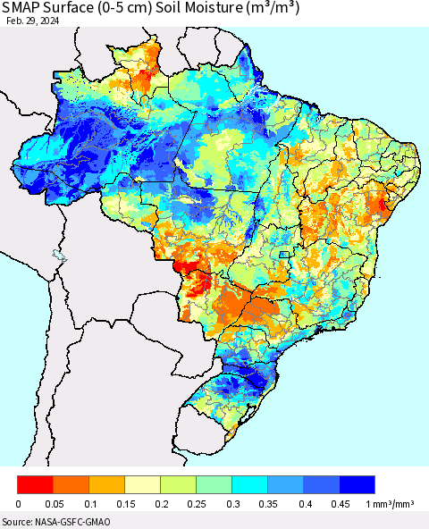 Brazil SMAP Surface (0-5 cm) Soil Moisture (m³/m³) Thematic Map For 2/26/2024 - 2/29/2024