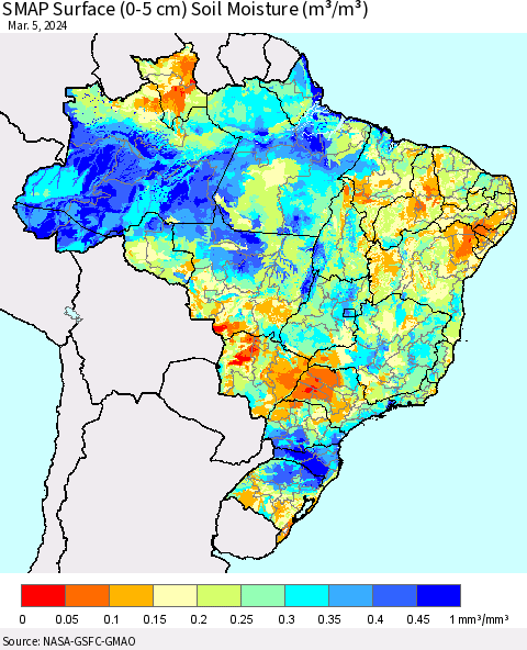 Brazil SMAP Surface (0-5 cm) Soil Moisture (m³/m³) Thematic Map For 3/1/2024 - 3/5/2024