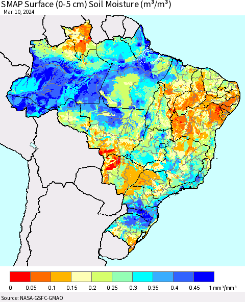 Brazil SMAP Surface (0-5 cm) Soil Moisture (m³/m³) Thematic Map For 3/6/2024 - 3/10/2024