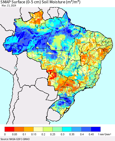 Brazil SMAP Surface (0-5 cm) Soil Moisture (m³/m³) Thematic Map For 3/11/2024 - 3/15/2024