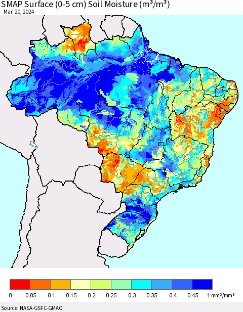 Brazil SMAP Surface (0-5 cm) Soil Moisture (m³/m³) Thematic Map For 3/16/2024 - 3/20/2024