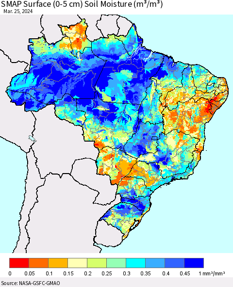 Brazil SMAP Surface (0-5 cm) Soil Moisture (m³/m³) Thematic Map For 3/21/2024 - 3/25/2024
