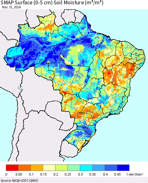 Brazil SMAP Surface (0-5 cm) Soil Moisture (m³/m³) Thematic Map For 3/26/2024 - 3/31/2024
