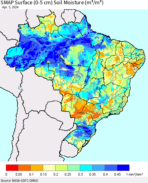 Brazil SMAP Surface (0-5 cm) Soil Moisture (m³/m³) Thematic Map For 4/1/2024 - 4/5/2024