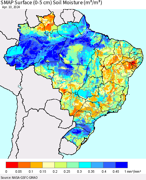 Brazil SMAP Surface (0-5 cm) Soil Moisture (m³/m³) Thematic Map For 4/6/2024 - 4/10/2024
