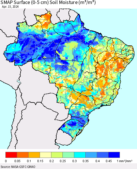 Brazil SMAP Surface (0-5 cm) Soil Moisture (m³/m³) Thematic Map For 4/11/2024 - 4/15/2024