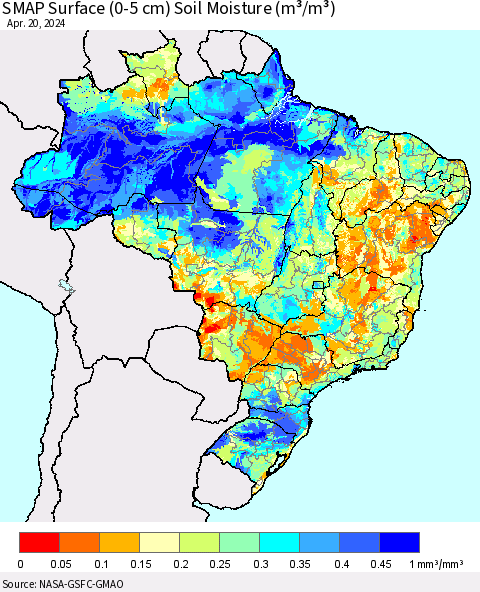 Brazil SMAP Surface (0-5 cm) Soil Moisture (m³/m³) Thematic Map For 4/16/2024 - 4/20/2024