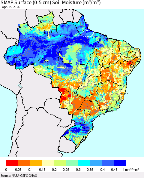 Brazil SMAP Surface (0-5 cm) Soil Moisture (m³/m³) Thematic Map For 4/21/2024 - 4/25/2024