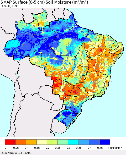 Brazil SMAP Surface (0-5 cm) Soil Moisture (m³/m³) Thematic Map For 4/26/2024 - 4/30/2024