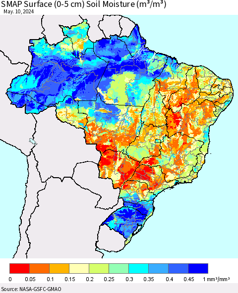 Brazil SMAP Surface (0-5 cm) Soil Moisture (m³/m³) Thematic Map For 5/6/2024 - 5/10/2024
