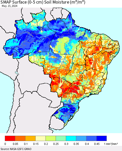 Brazil SMAP Surface (0-5 cm) Soil Moisture (m³/m³) Thematic Map For 5/11/2024 - 5/15/2024