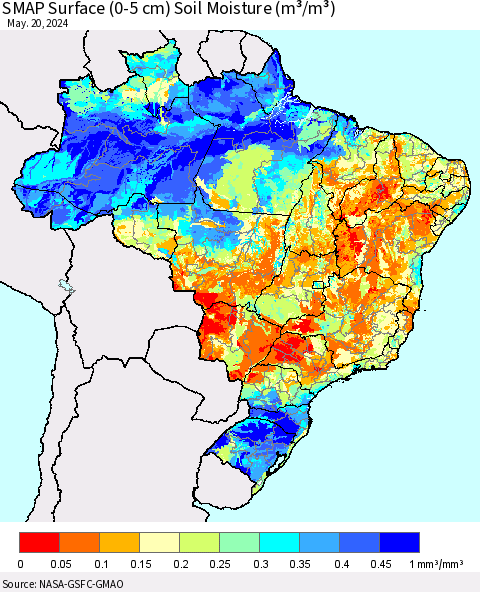 Brazil SMAP Surface (0-5 cm) Soil Moisture (m³/m³) Thematic Map For 5/16/2024 - 5/20/2024