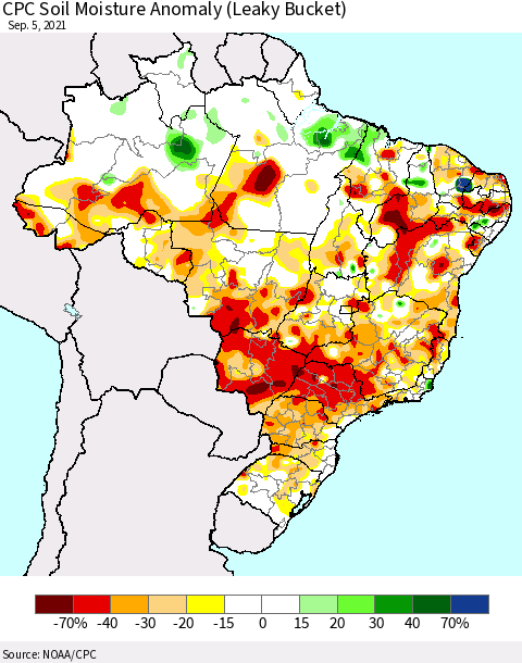 Brazil CPC Soil Moisture Anomaly (Leaky Bucket) Thematic Map For 9/1/2021 - 9/5/2021