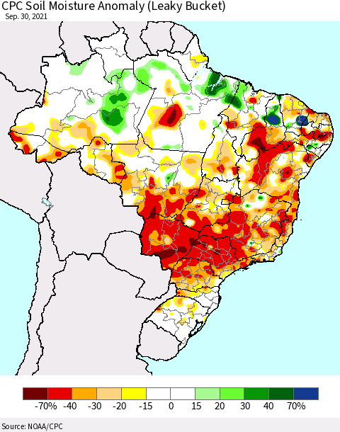 Brazil CPC Soil Moisture Anomaly (Leaky Bucket) Thematic Map For 9/26/2021 - 9/30/2021